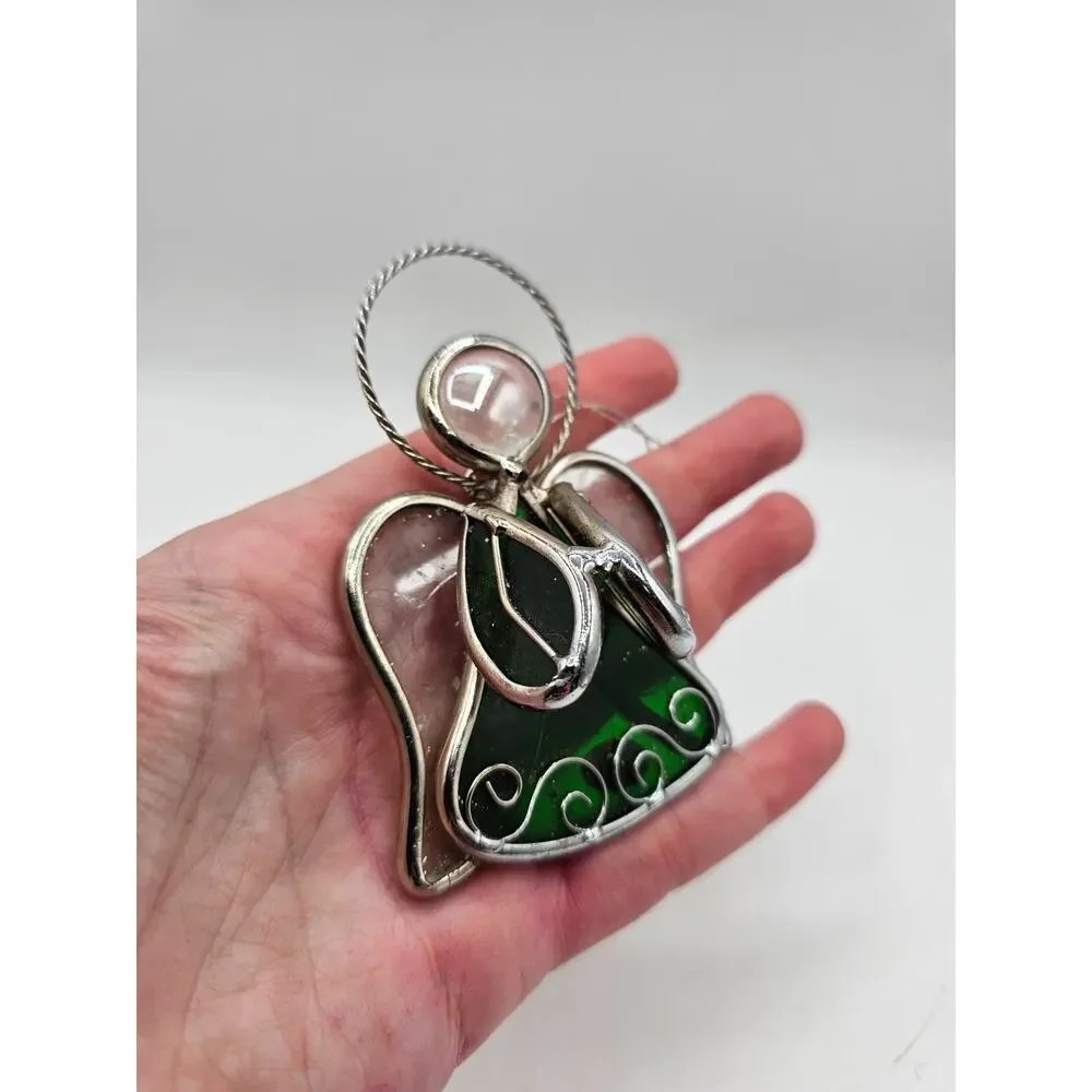 Vintage Stained Glass Angel Christmas Ornament w/ Silver Metal Trim Green